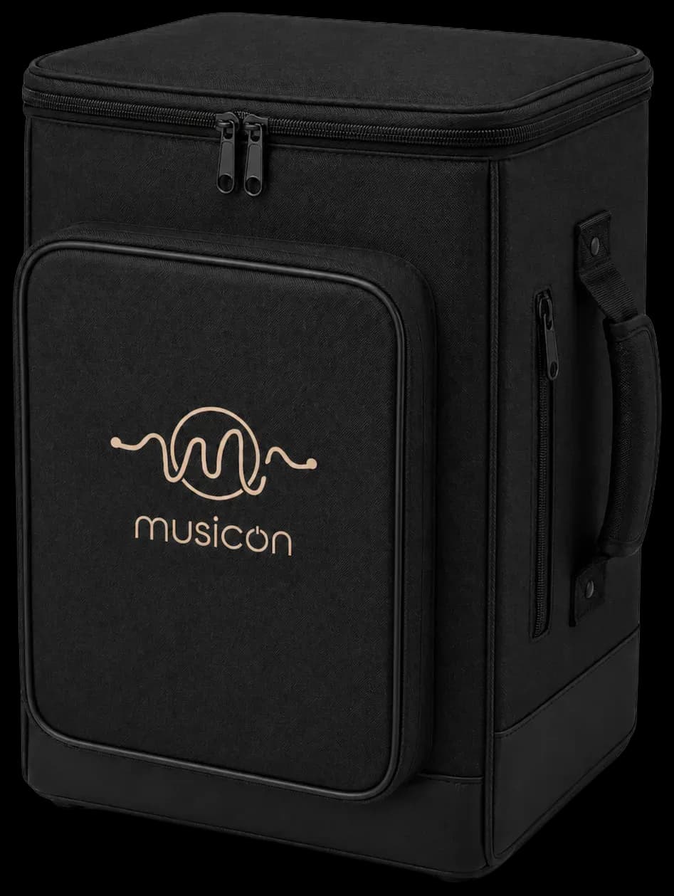 The MusicOn padded carry bag, black with the logo on the front pocket