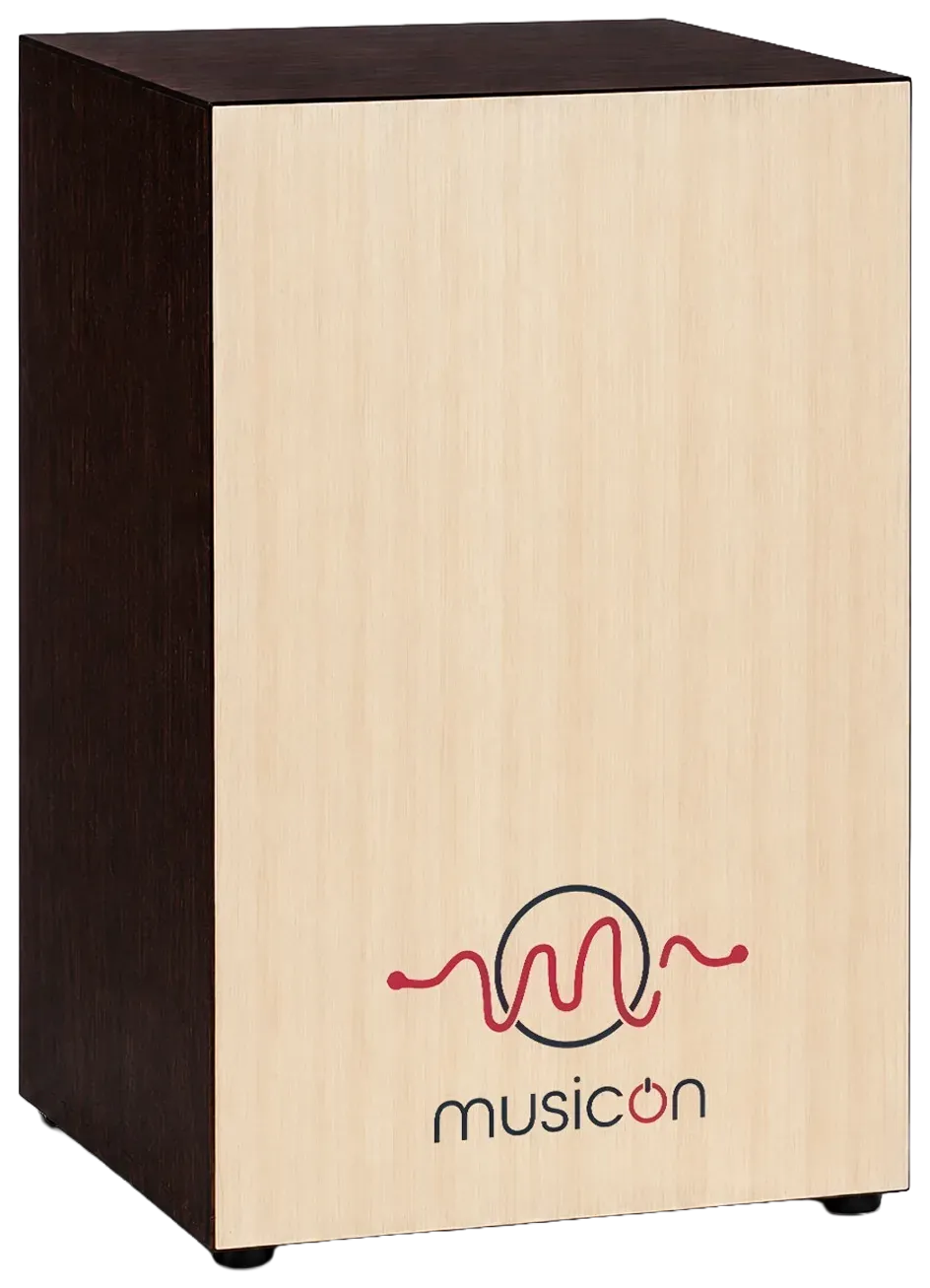 MusicOn Classic Series cajon — espresso body with a pale gorjon front plate