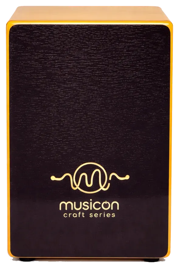 MusicOn Craft Series cajon, front view, espresso faceplate with gold logo