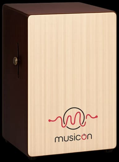MusicOn Creative Series cajon at a three-quarter angle, snare tuning knob on the side