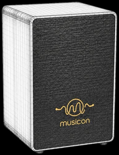 MusicOn Custom Series cajon shown as a blueprint wireframe with a finished front plate — the box you spec yourself