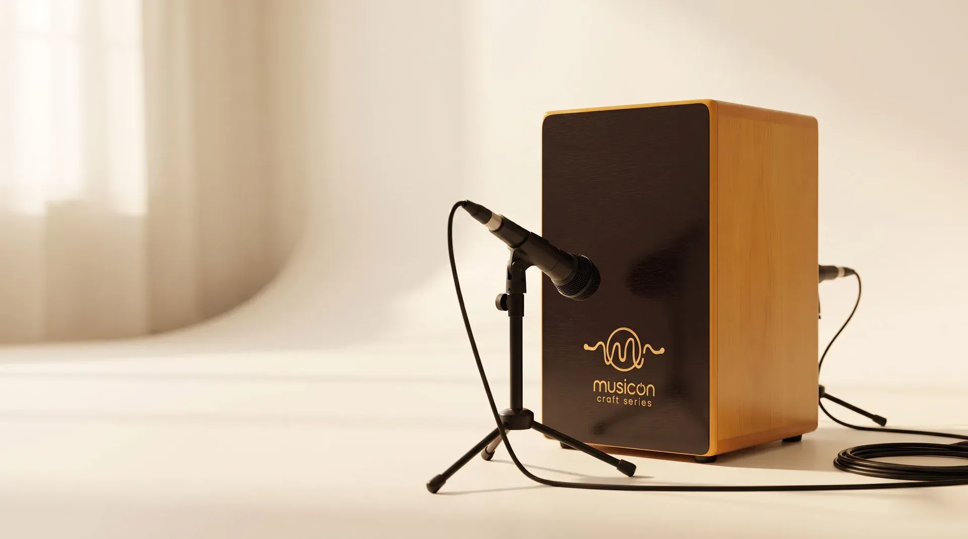 MusicOn Craft Series cajon set up for recording in a warm studio: a dynamic microphone on a stand angled down toward the upper corner of the espresso front plate, with a second mic behind the box aimed at the sound port