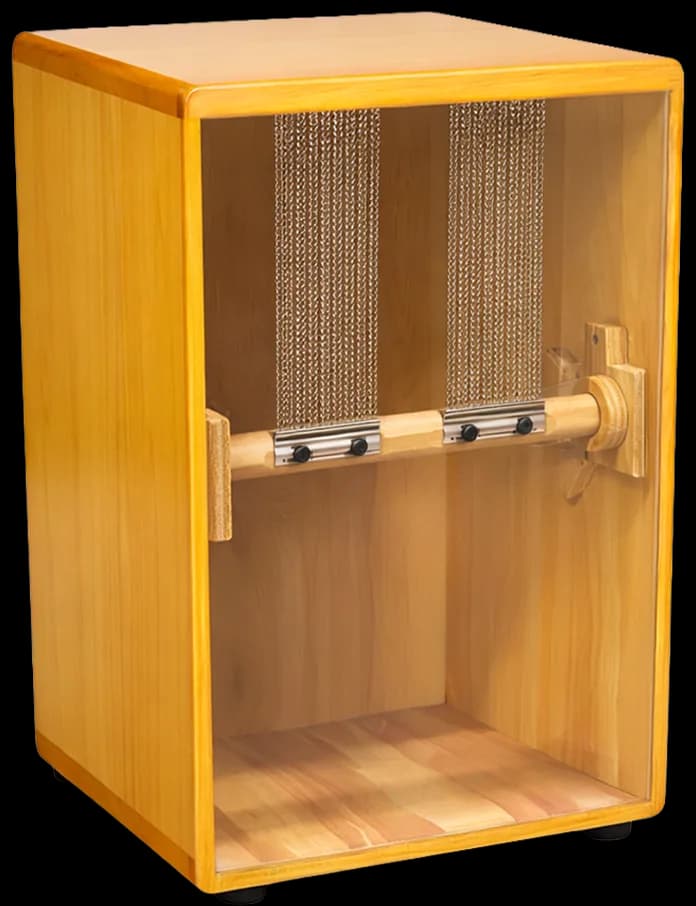 Inside a MusicOn cajon, showing the snare wires and the adjuster bar