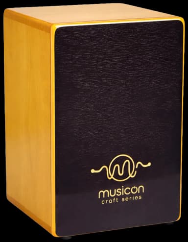 MusicOn Craft Series cajon at three-quarter angle showing pinewood body